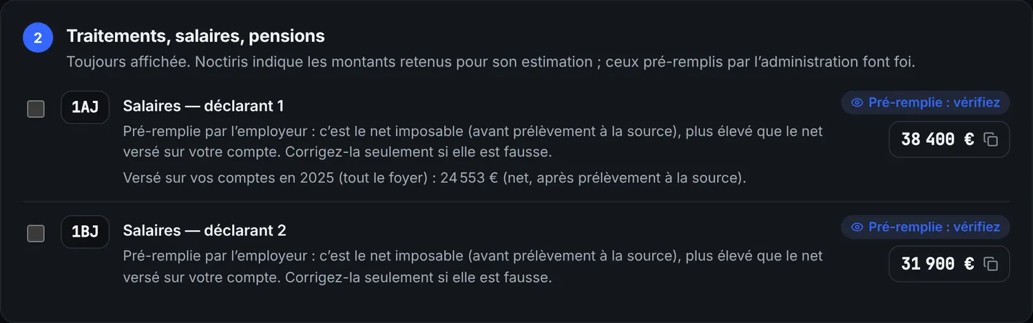 Déclaration case par case : cases 1AJ et 1BJ avec leur montant et leur explication